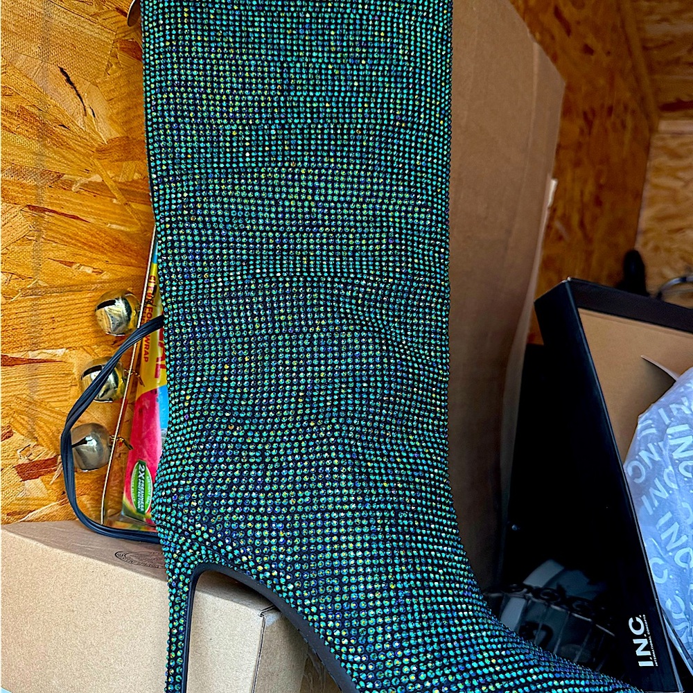 Rhinestone iridescent blue/ green high heeled boots. Brand new in box.